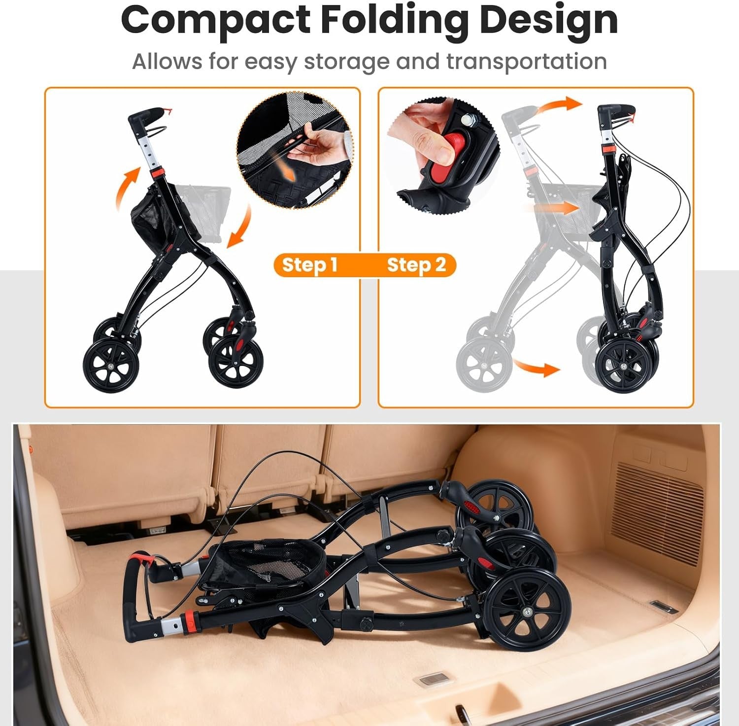 Lightweight Folding Rollator Walker 4 Wheel Basket Brakes Narrow Black