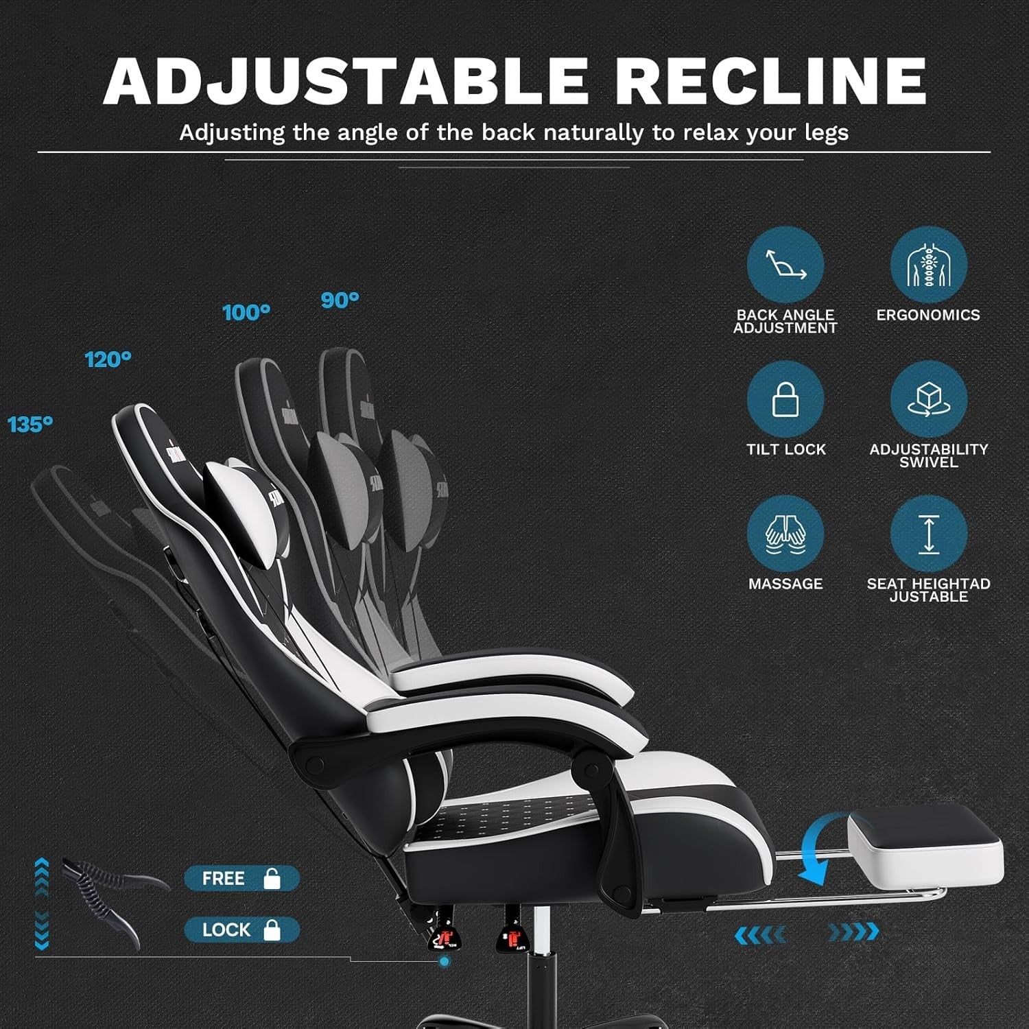 Ergonomic Gaming Chair with Footrest & Massage Support – Black White PC Seat