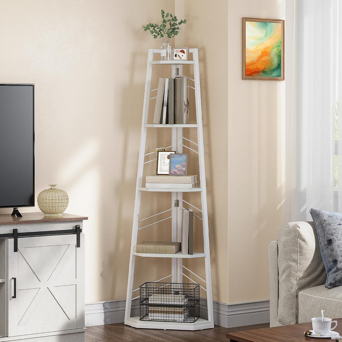 5-Tier White Corner Bookshelf Industrial Ladder Shelf Tall Display Storage Unit