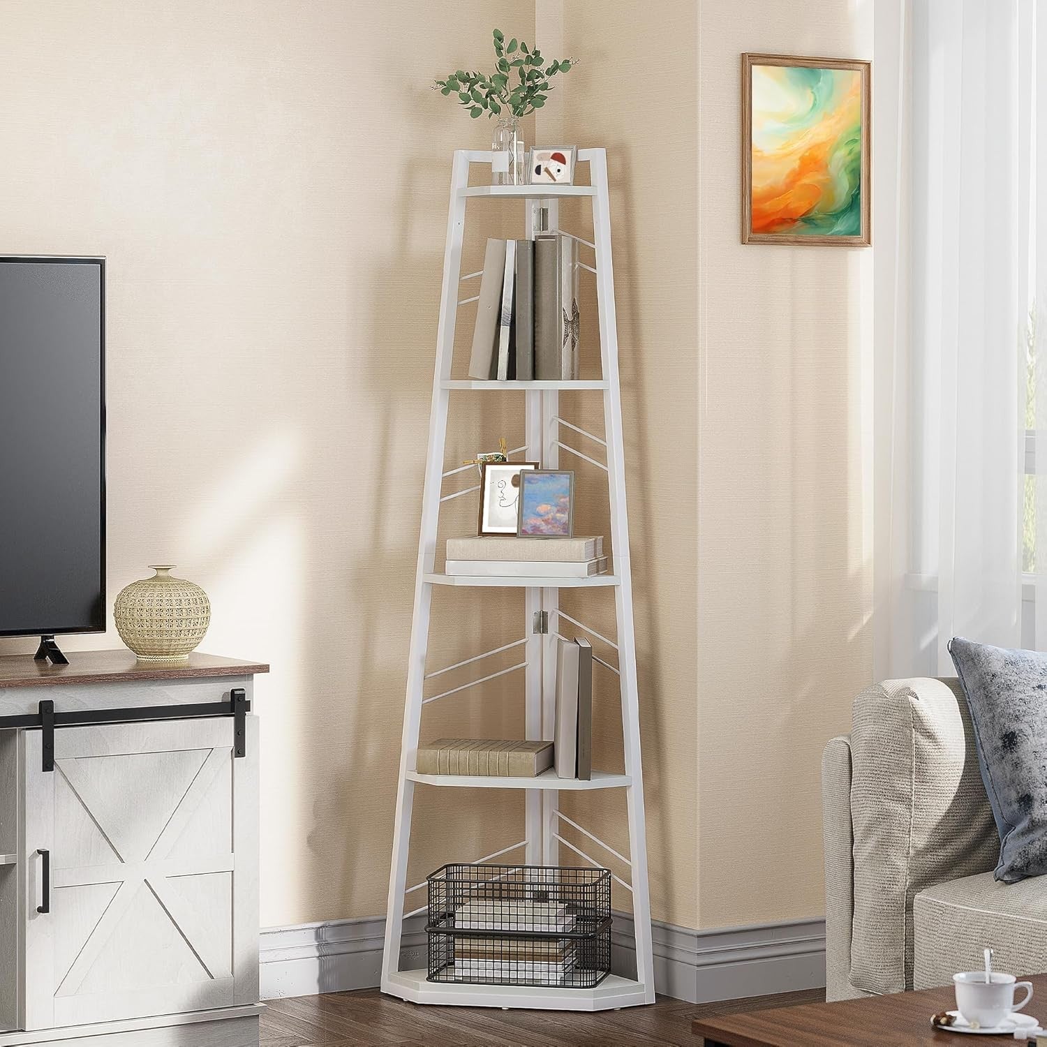 5-Tier White Corner Bookshelf Industrial Ladder Shelf Tall Display Storage Unit