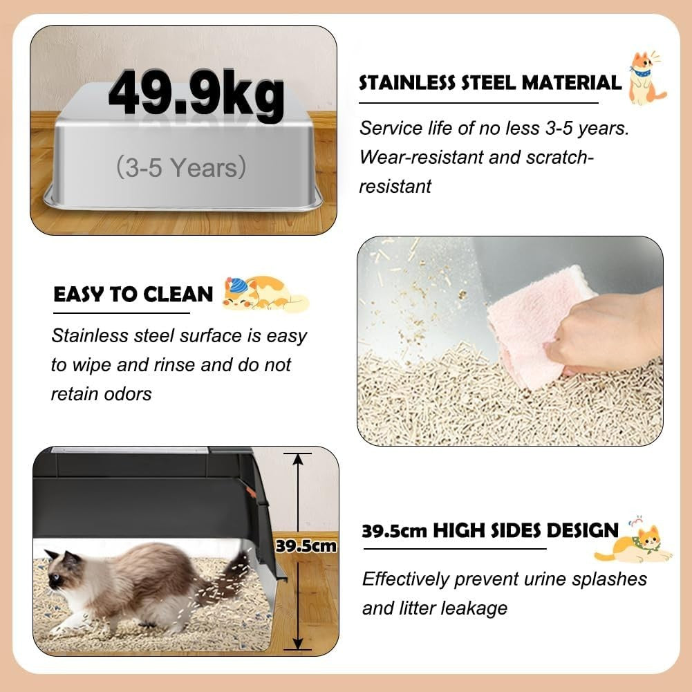 XXL Stainless Steel Cat Litter Tray Covered High Sided Enclosed Box
