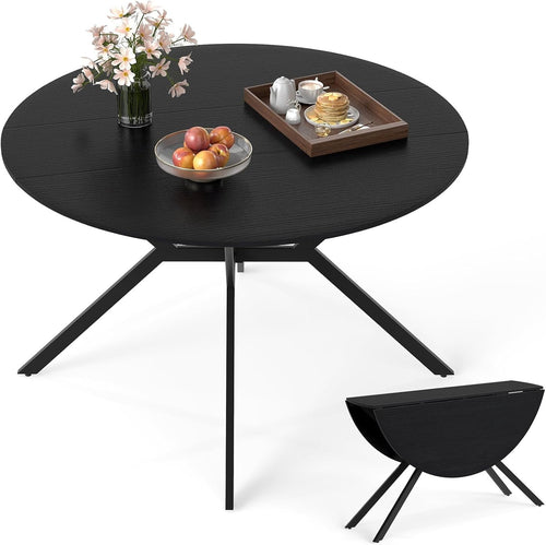 Folding Round Drop Leaf Dining Table 120cm Space Saving Extendable Black