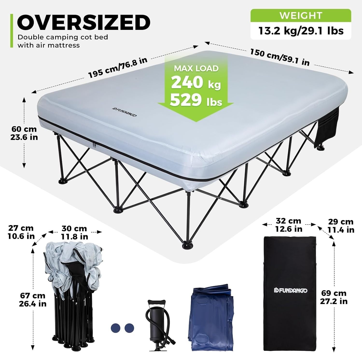 Double Inflatable Camping Bed Cot for 2 Adults | Portable Air Mattress + Side Ta