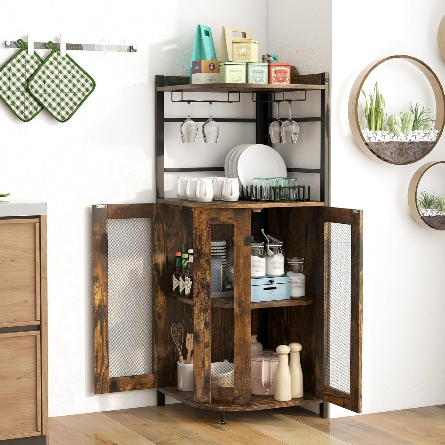 Corner Bar Cabinet Rustic Brown Wine Glass Rack & Liquor Storage Shelves Unit