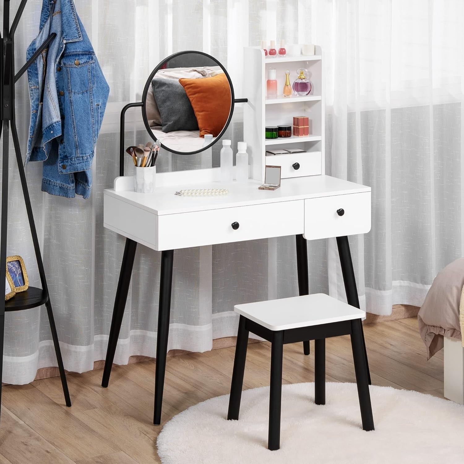 White Dressing Table Stool Mirror Set Vanity Desk 3-Drawer Storage & Shelves