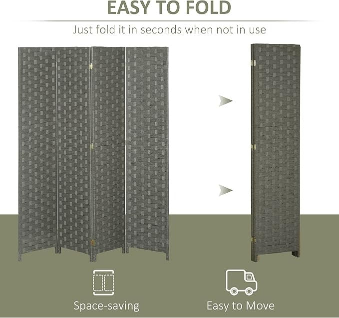 4 Panel Folding Room Divider – Grey Woven Privacy Screen for Bedroom