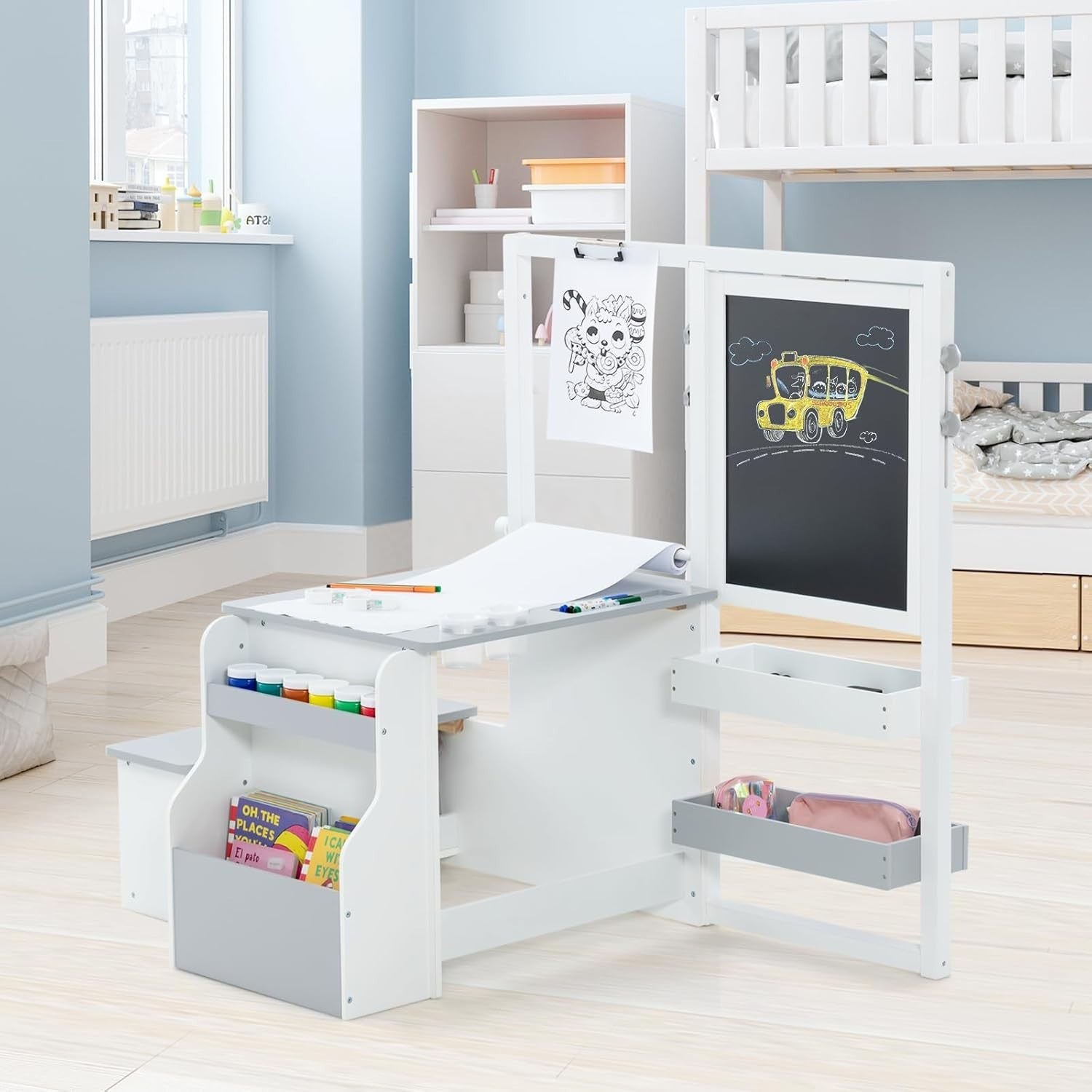 Kids 3 in 1 Art Table and Bench Set with Easel Bookshelf Grey White