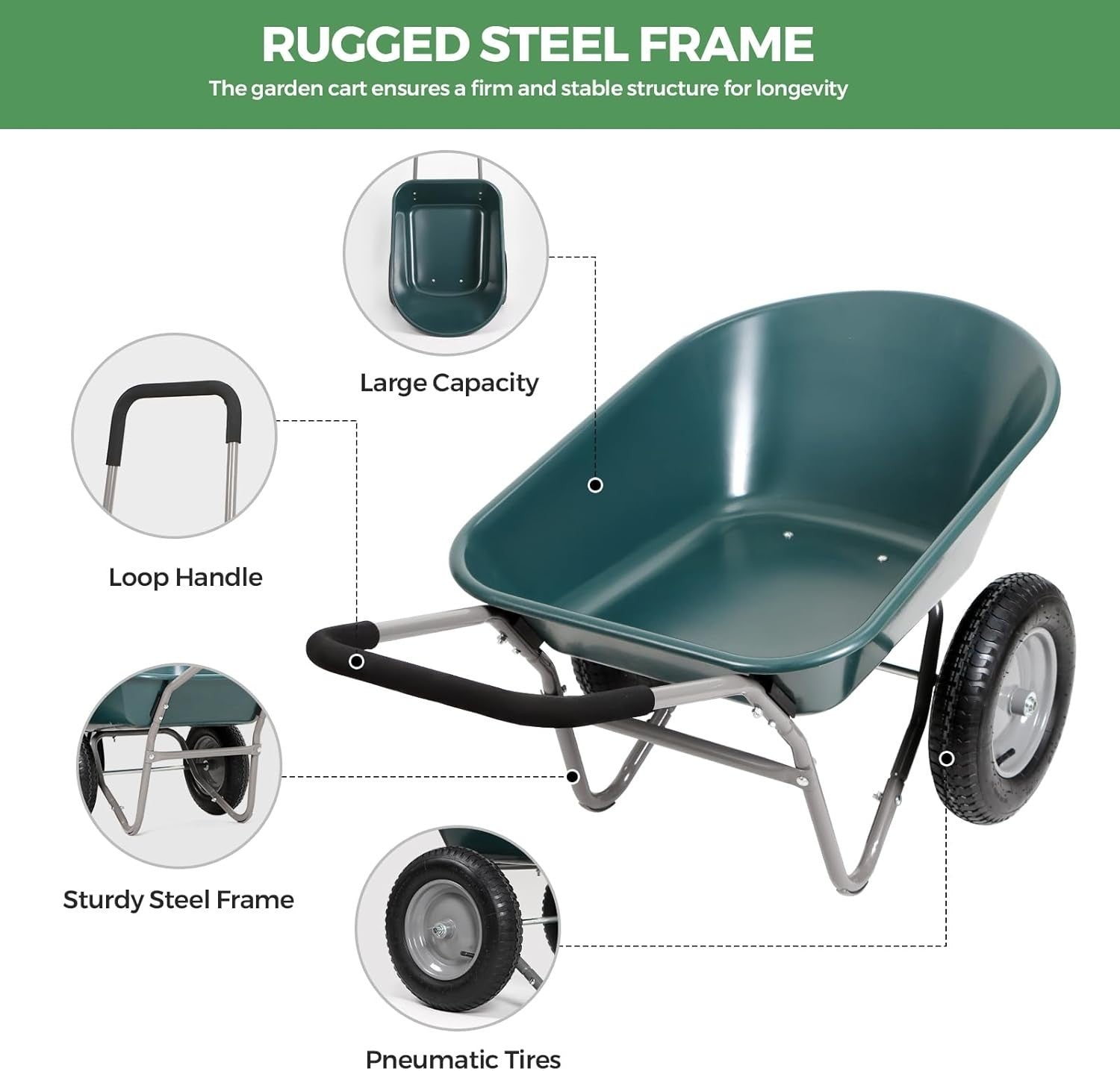 85L 2-Wheel Garden Trolley – Green Heavy Duty Cart w/ Pneumatic Tyres 150kg Load