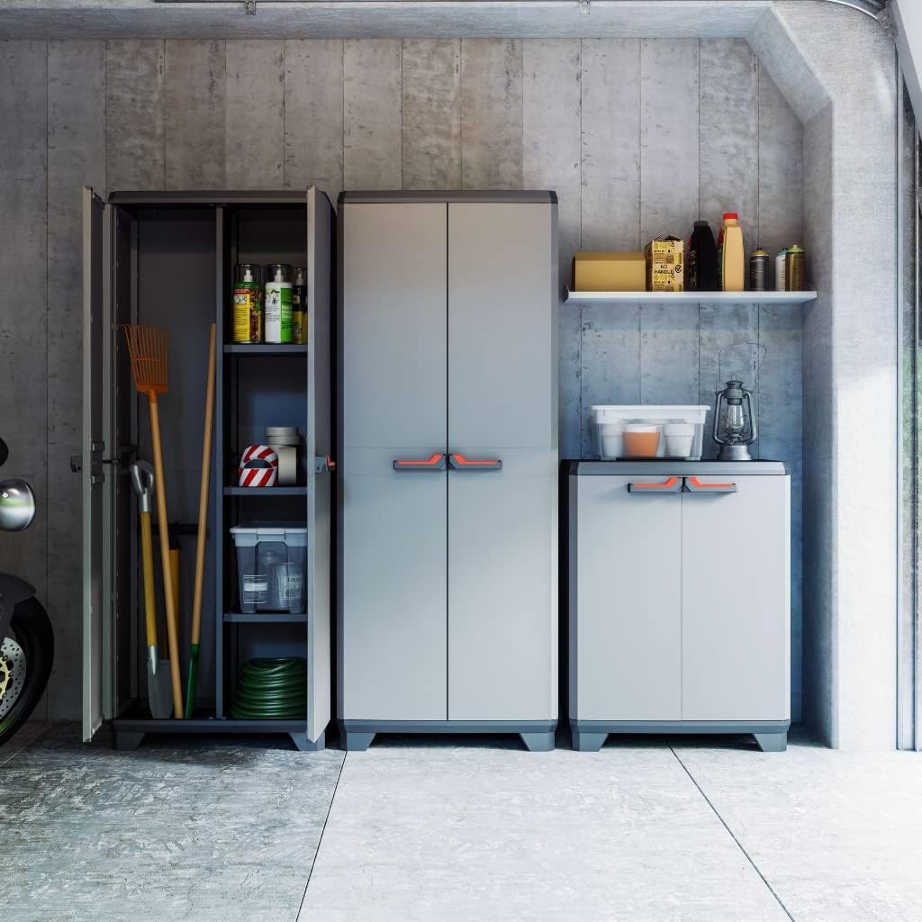 Low Garage Storage Cabinet | Heavy Duty Plastic Cupboard with Shelves & Lock