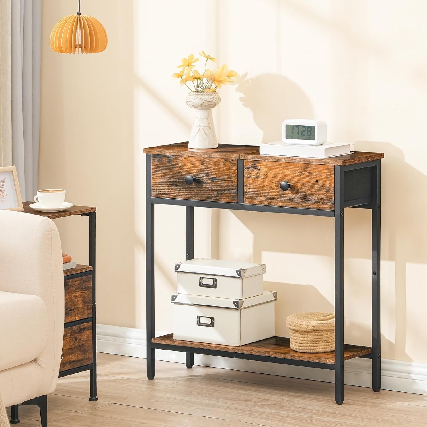 Slim Console Table with Storage Drawers & Shelf, Industrial Rustic Look