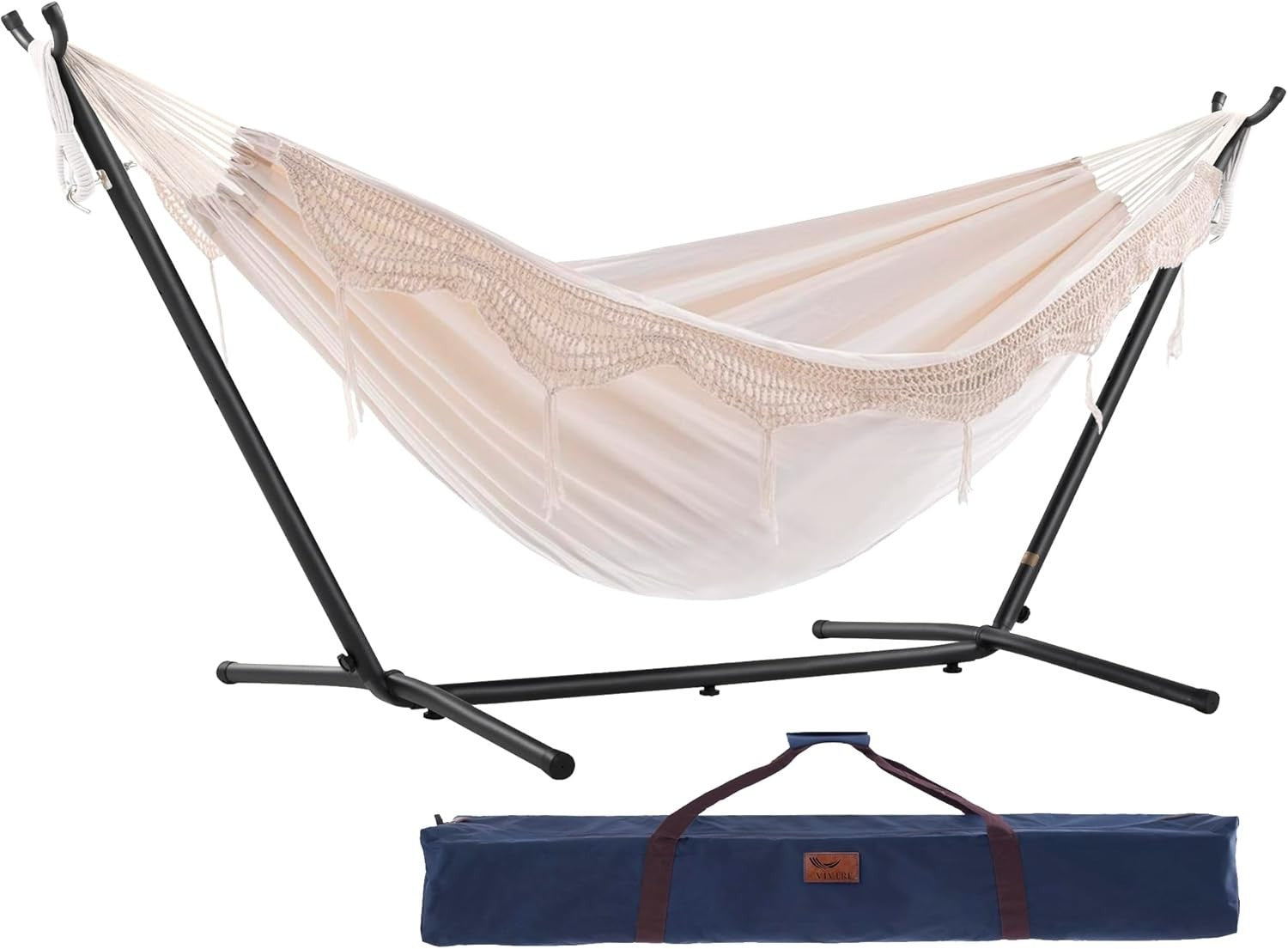 Double Cotton Hammock with Stand – 280cm Adjustable Frame, 2 Person Garden Bed