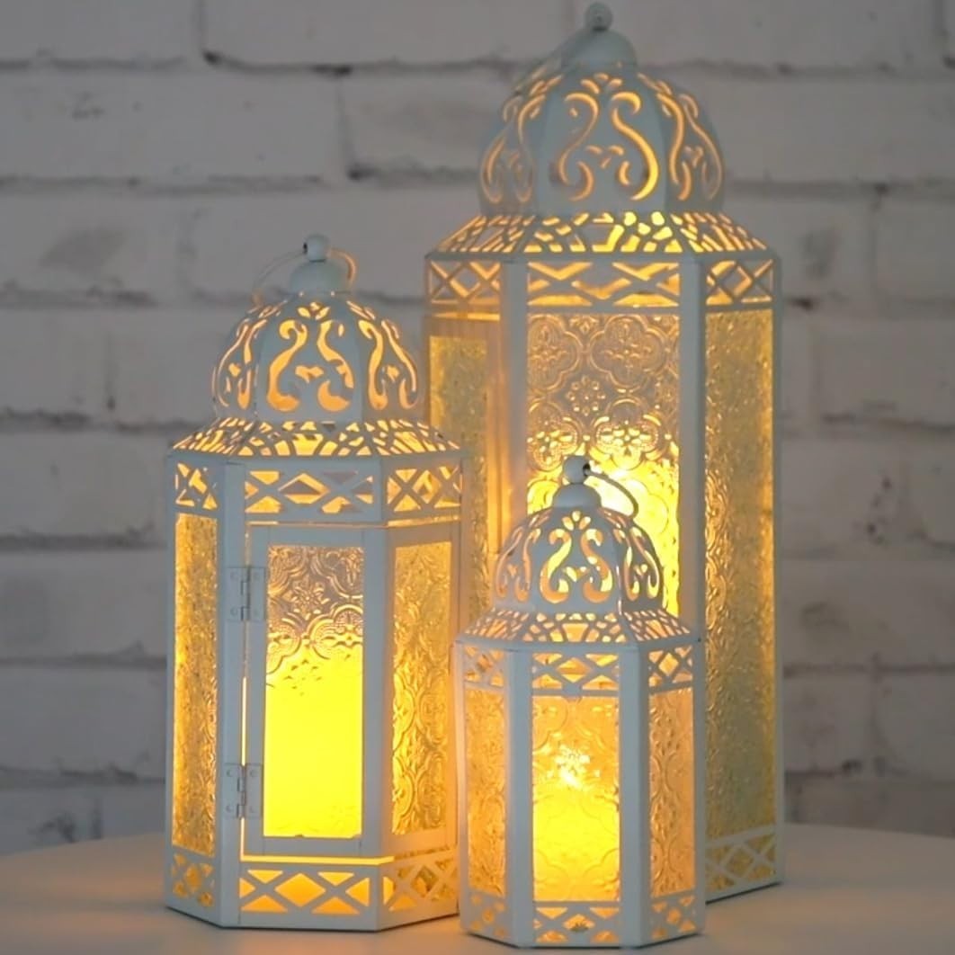 Set of 3 White Moroccan Candle Lanterns Home Decor