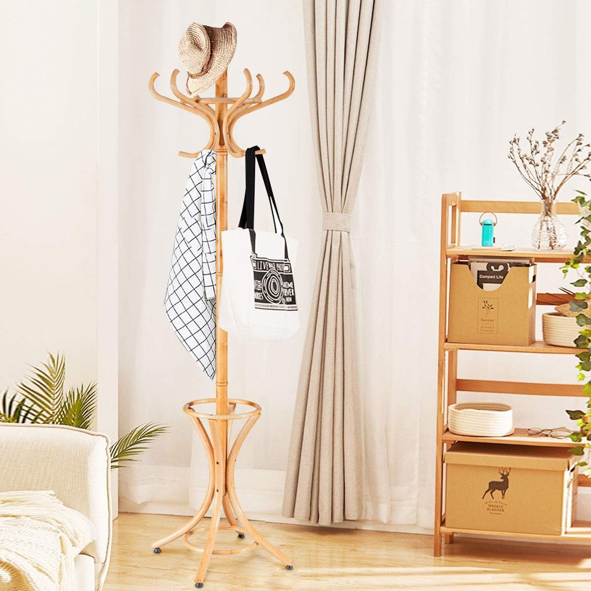 Wooden Coat Rack Stand with 12 Hooks & Umbrella Holder | Oak Hall Tree