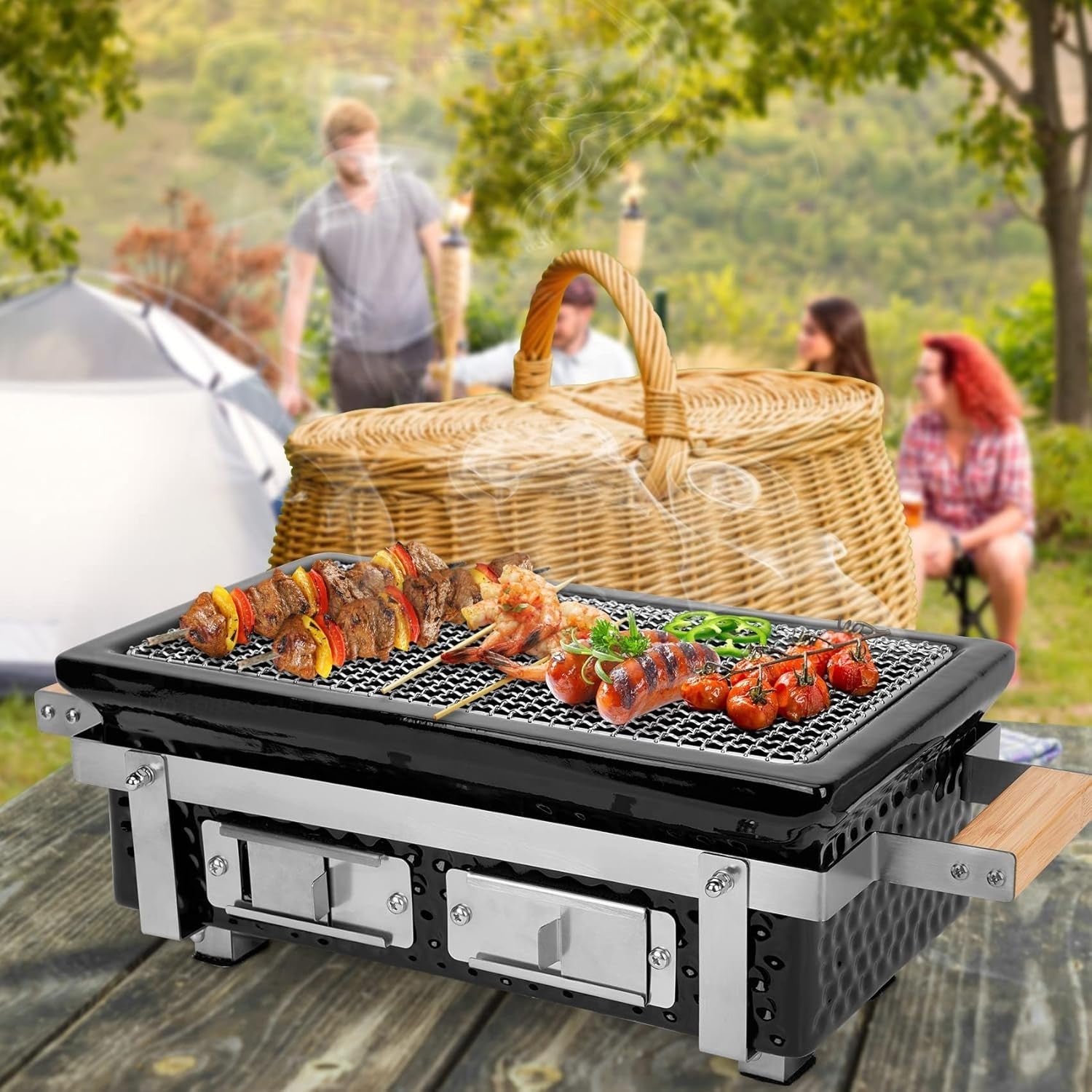 Portable Ceramic Charcoal BBQ Grill Tabletop Stainless Steel Grate
