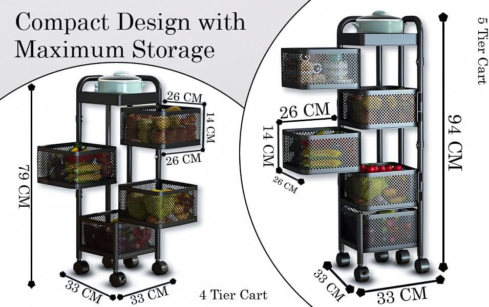 5 Tier Rotating Storage Trolley on Wheels Kitchen Bathroom Basket Rack Black