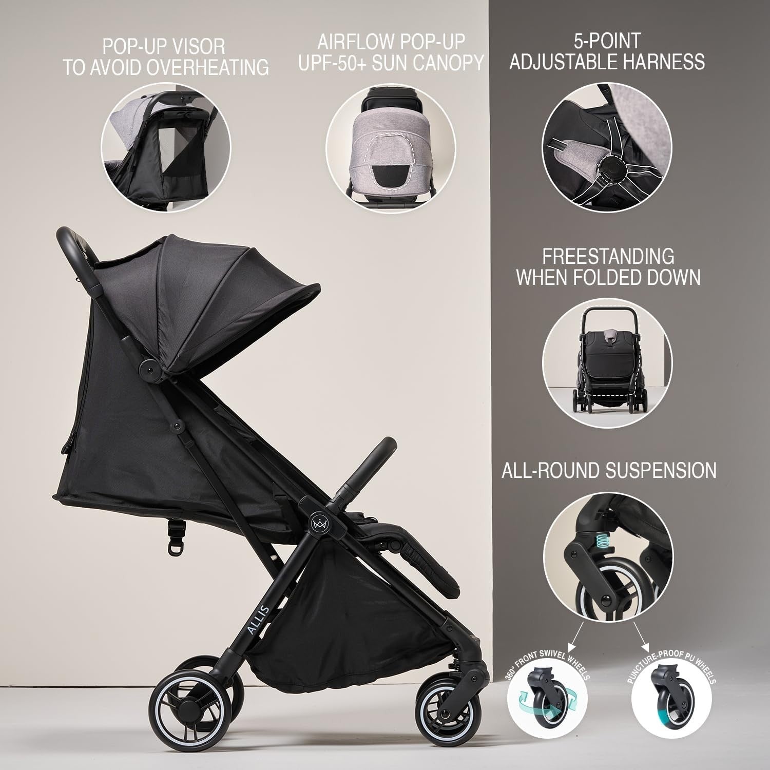 Auto-Fold Baby Stroller Black Lightweight Lie-Flat Seat UPF50+ Canopy 360 Wheels