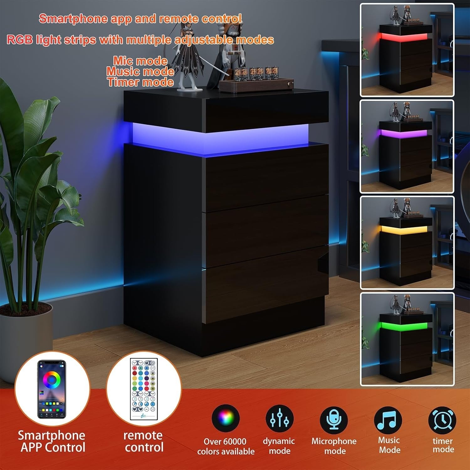 Black Gloss LED Bedside Table with Power Socket, USB Ports & 3 Drawers