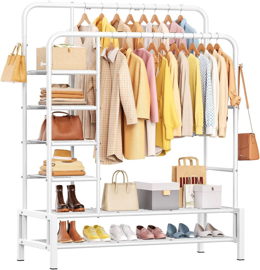 Heavy Duty Clothes Rail Double Rods Shelves Shoe Rack White