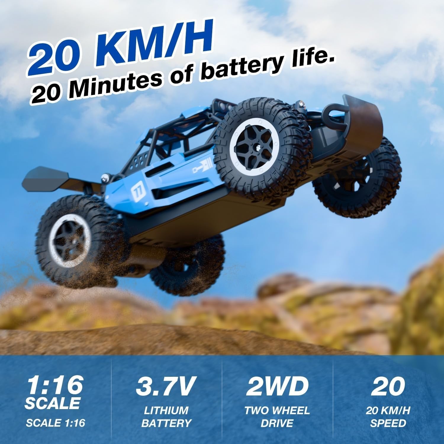 Alloy 1:16 RC Car 20km/h Off-Road Monster Truck for Kids, 2.4GHz 2WD High-Speed
