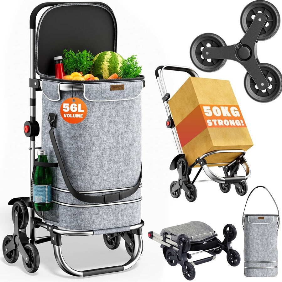 3in1 Foldable Stair Climber Shopping Trolley 56L 50kg w/ Cooler Grey