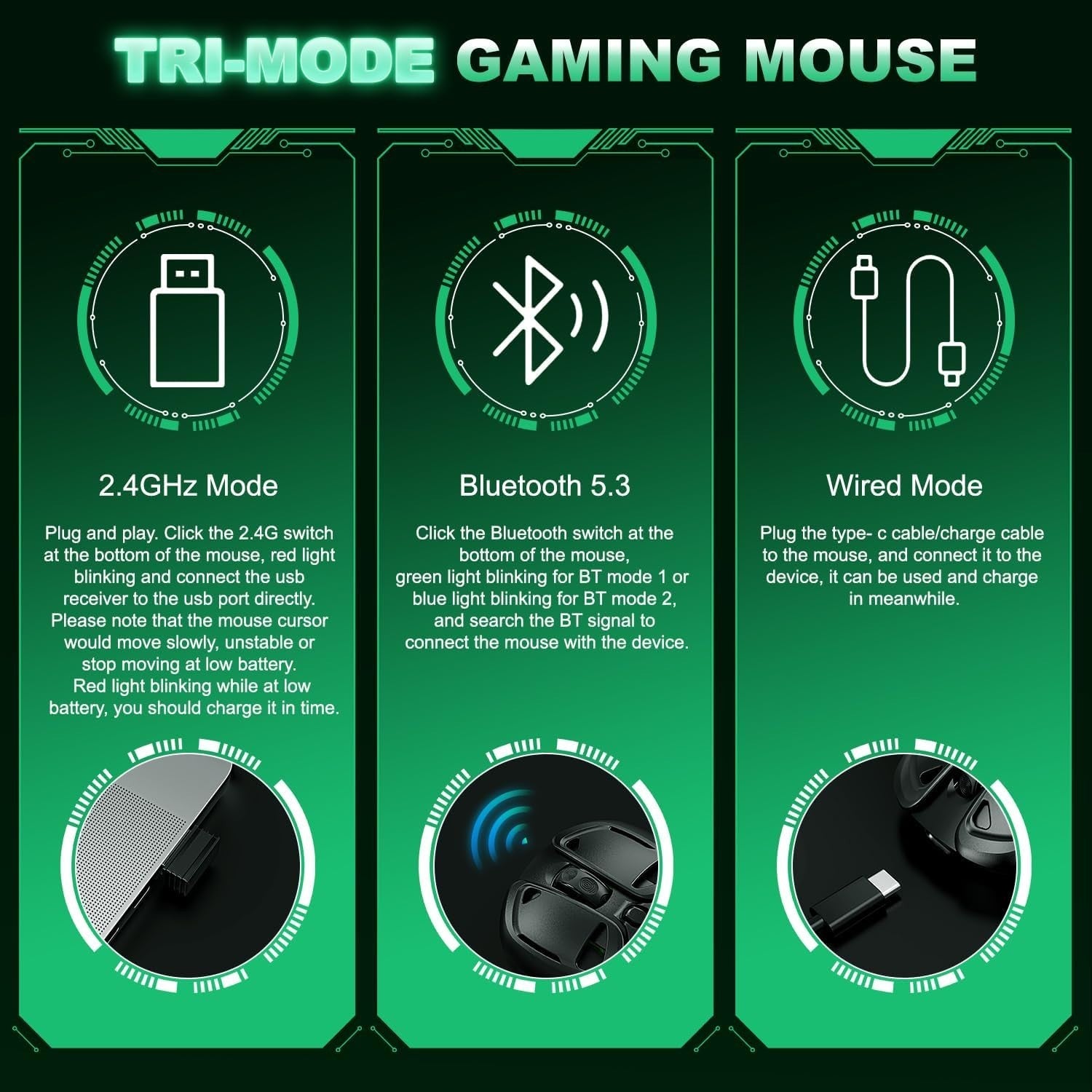 RGB Wireless Gaming Mouse 10000 DPI Tri-Mode 60H Battery
