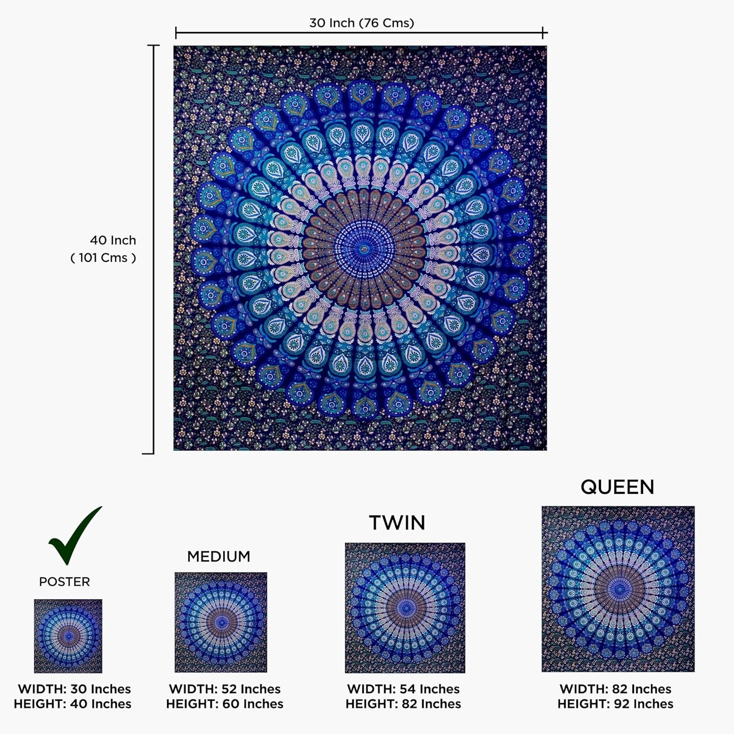 Blue Mandala Tapestry 30x40in Boho Wall Hanging Cotton Decor