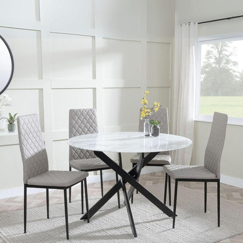 Round Grey Glass Dining Table Set 4 Chairs Chrome Metal Faux Leather