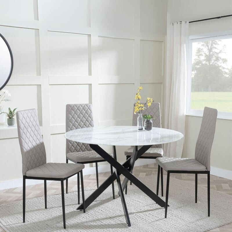 Round Grey Glass Dining Table Set 4 Chairs Chrome Metal Faux Leather
