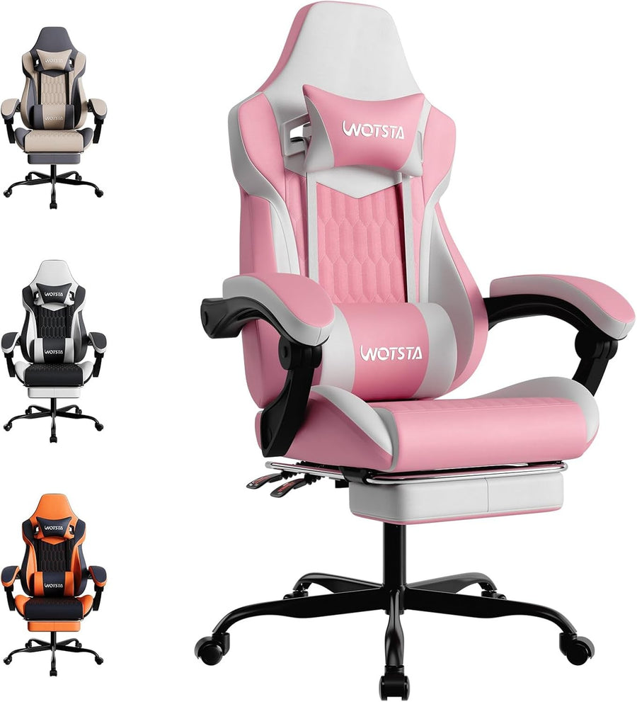 Gaming Chair with Footrest Ergonomic Reclining Pink White Seat