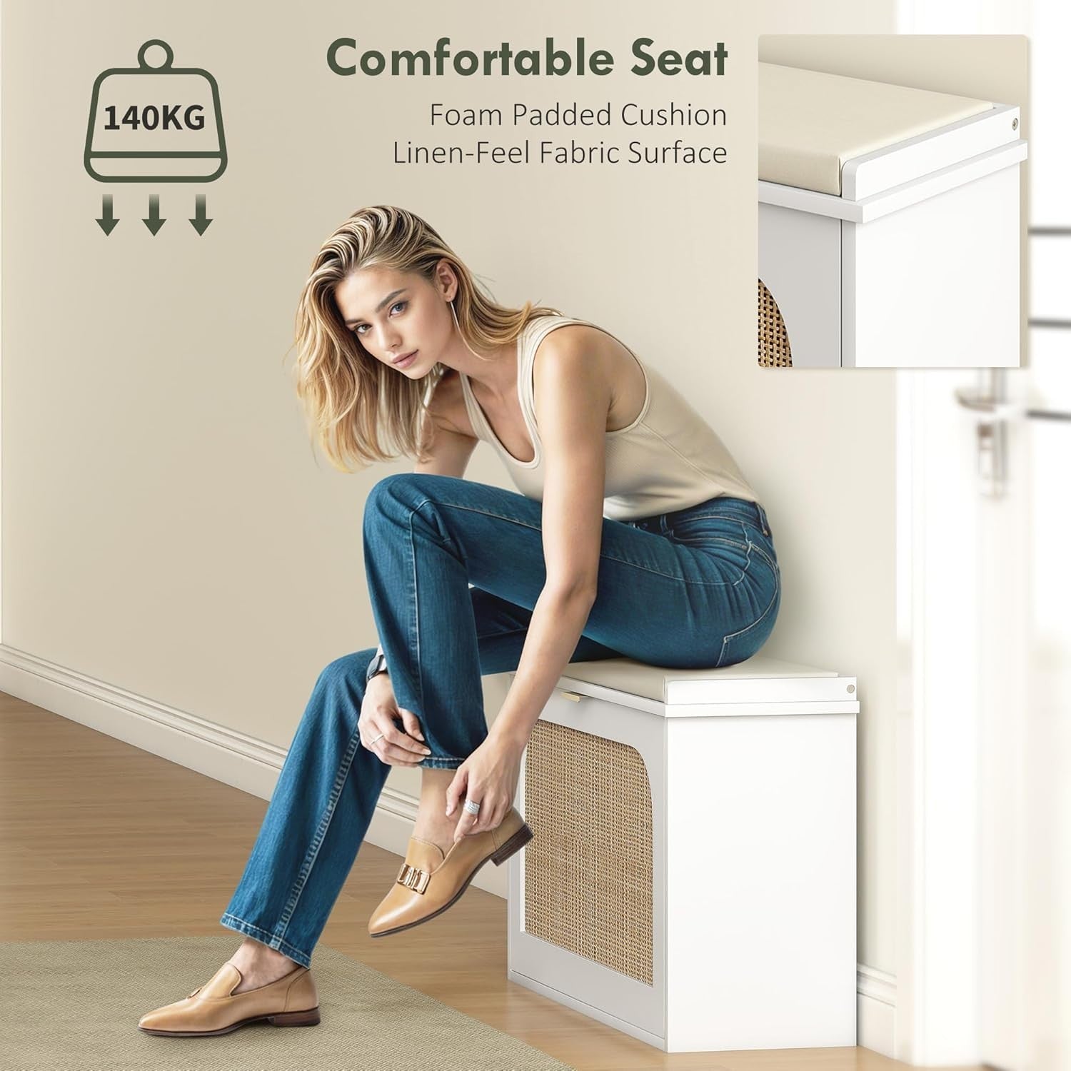 Compact Shoe Storage Bench with Flip Drawer & Padded Seat, Holds 8 Pairs