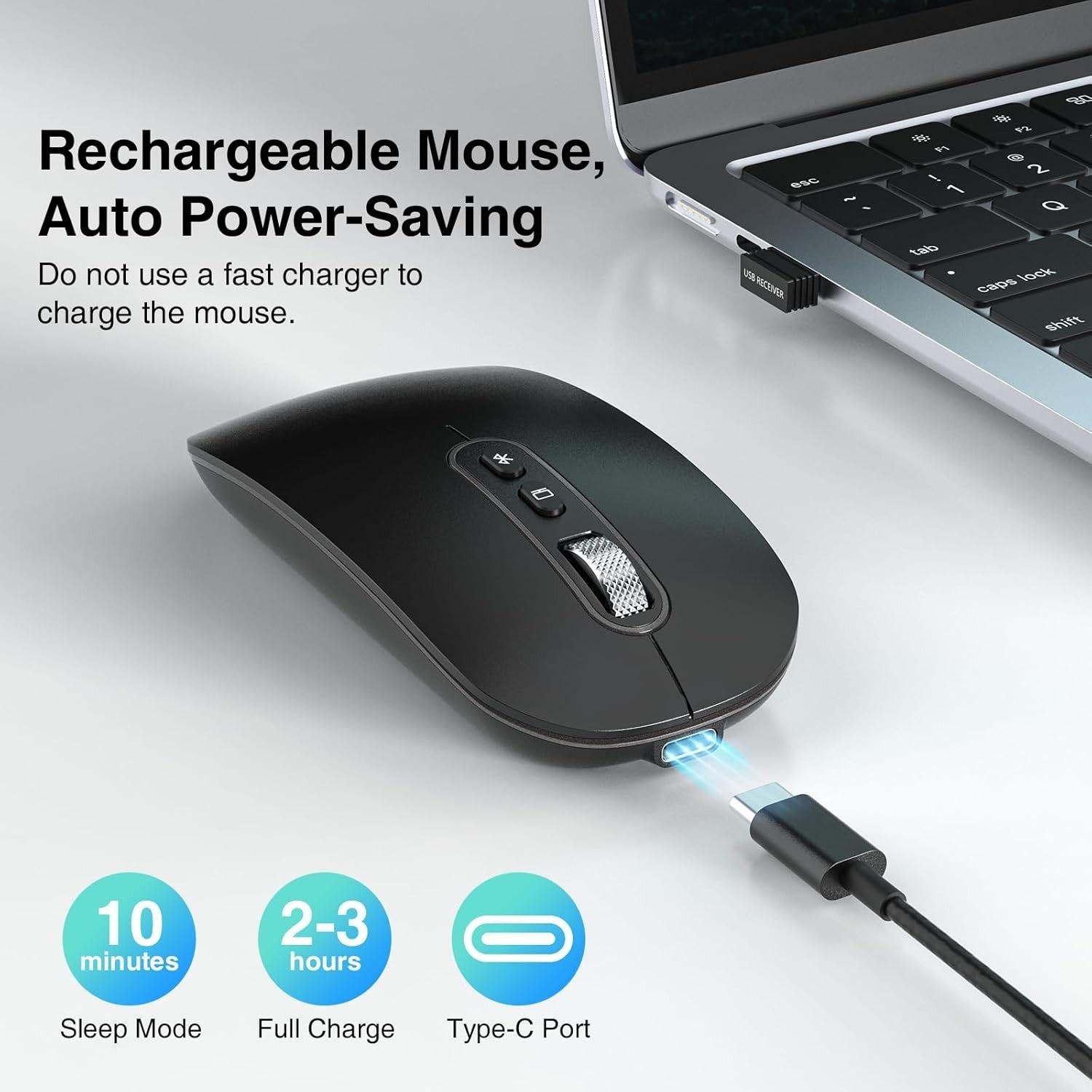 Bluetooth Wireless Mouse Rechargeable Silent USB Slim Black