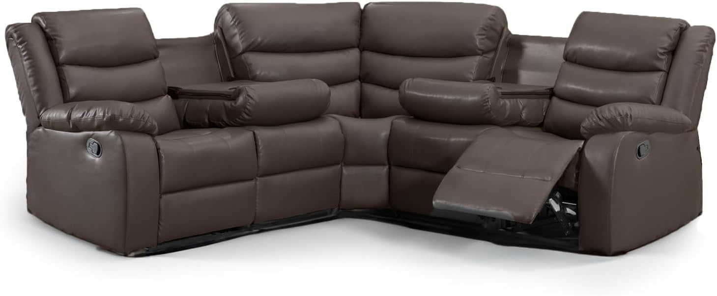 Brown Leather Recliner Corner Sofa 5 Seater L Shape Manual + Drinks Tray