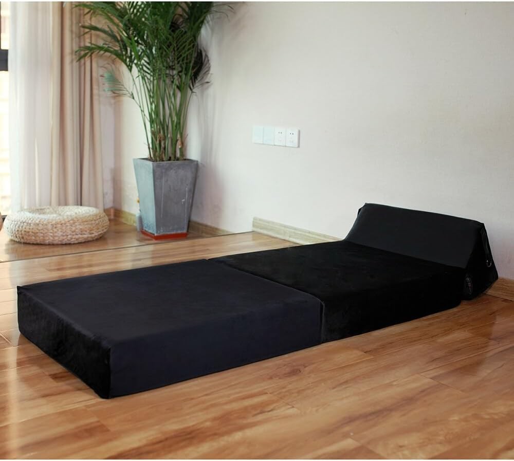 Single Folding Futon Z Bed Chair Sofa Mattress Black Sleeper Guest Bed