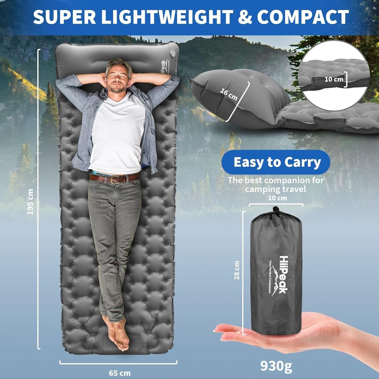 Ultralight Inflatable Camping Mat with Pillow 195x65x10cm for Outdoor Use