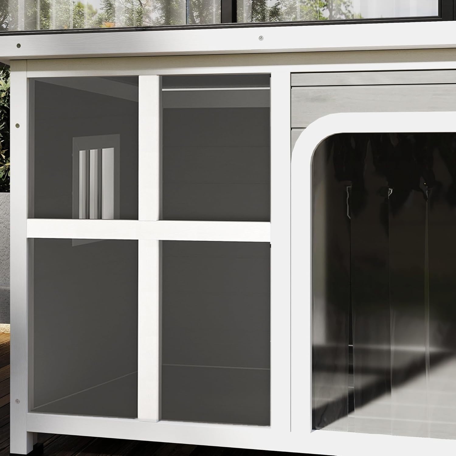 Outdoor Wooden Dog Kennel House w/ Roof, Windows, Curtain | 90x62x71cm