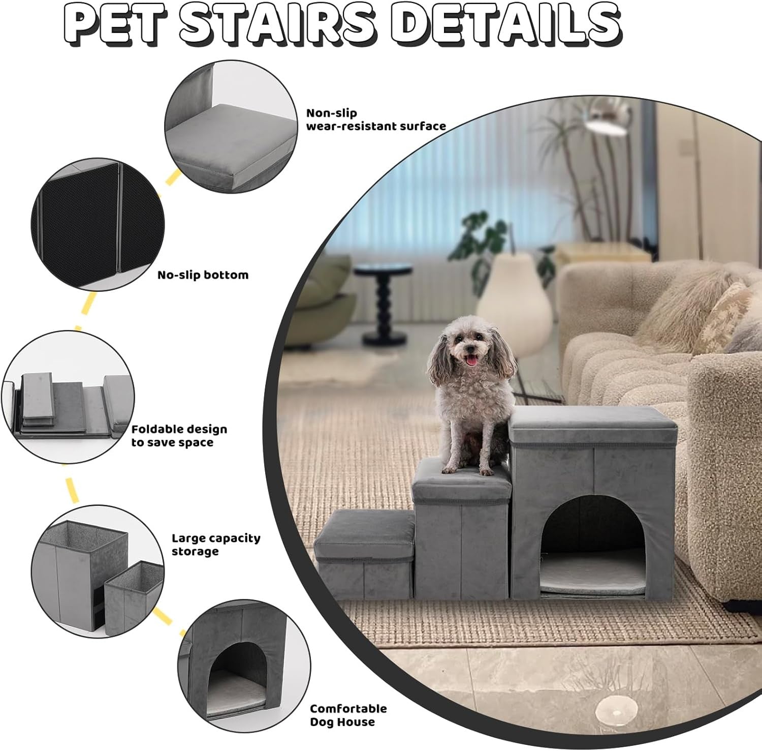 Black Folding 3 Step Dog Stairs Non Slip Plush Ladder
