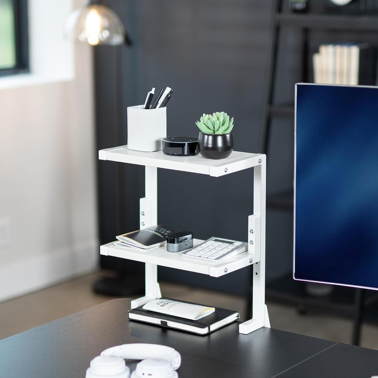 Clamp-On Desk Shelf 2-Tier White 13" Above/Below Mount Storage Organizer