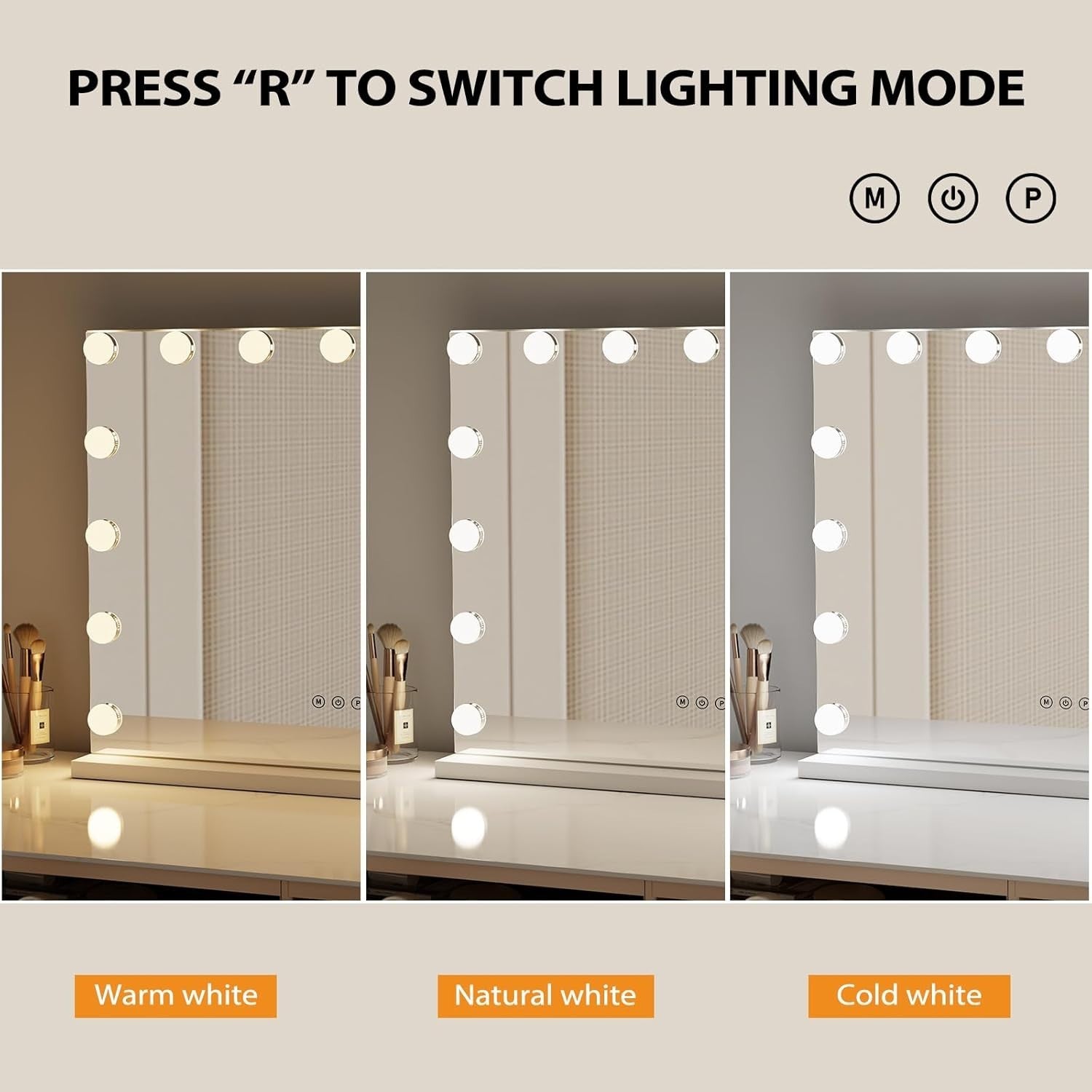Hollywood Vanity Mirror with 15 Lights, Touchscreen, Dimmable, USB