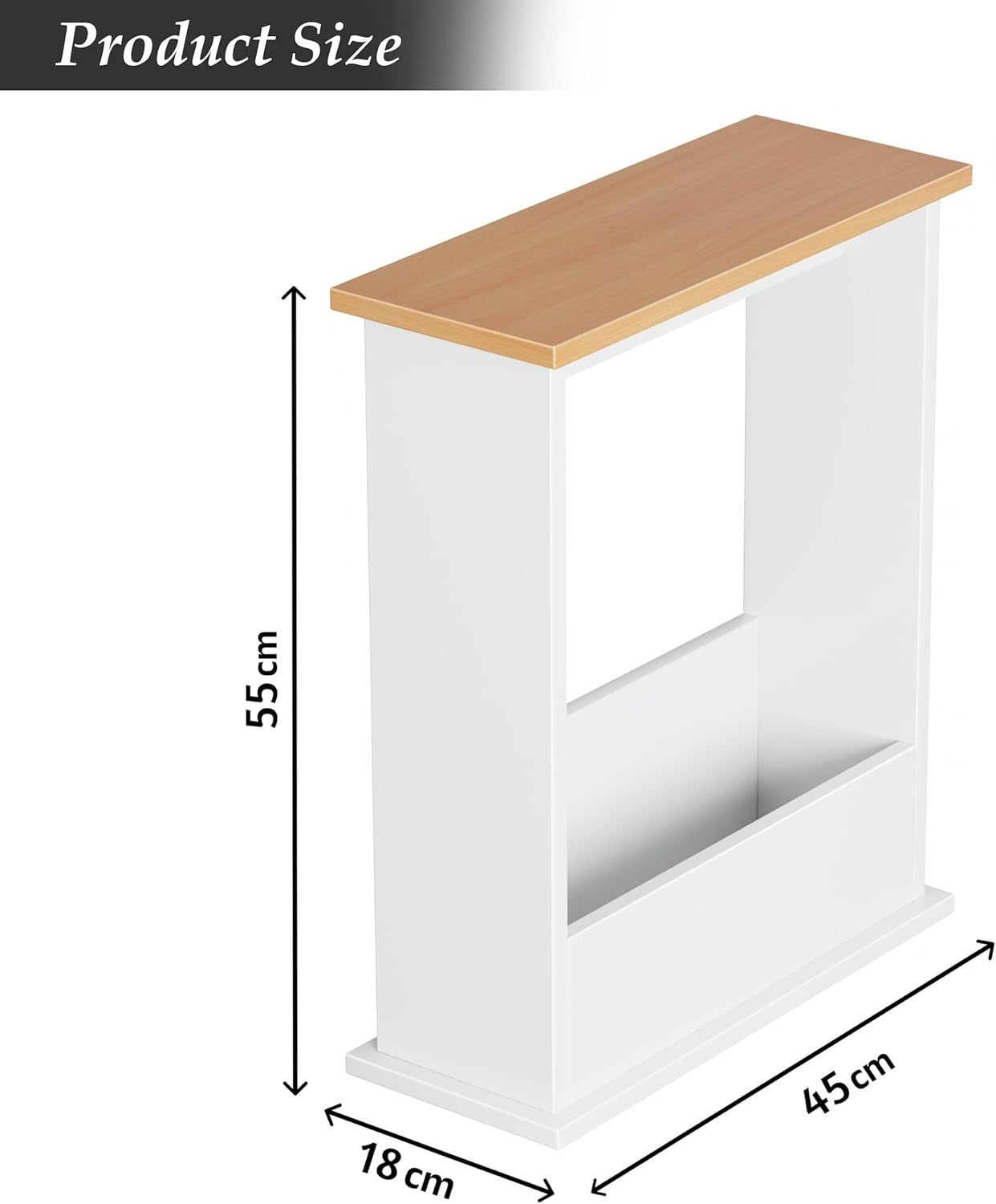 Slim Modern Side Table with Magazine Rack, Space-Saving 55x45x18cm White