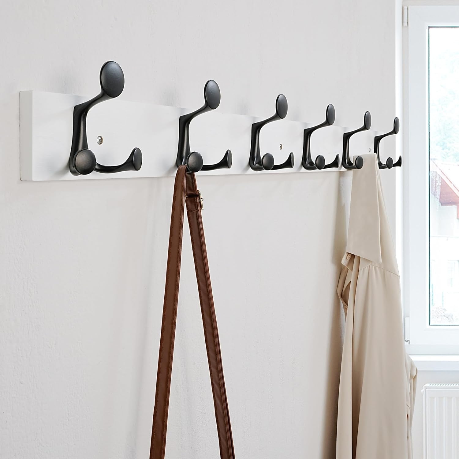 White Wall Coat Rack 6 Triple Hooks | 99cm Wooden Hanging Rail Organizer