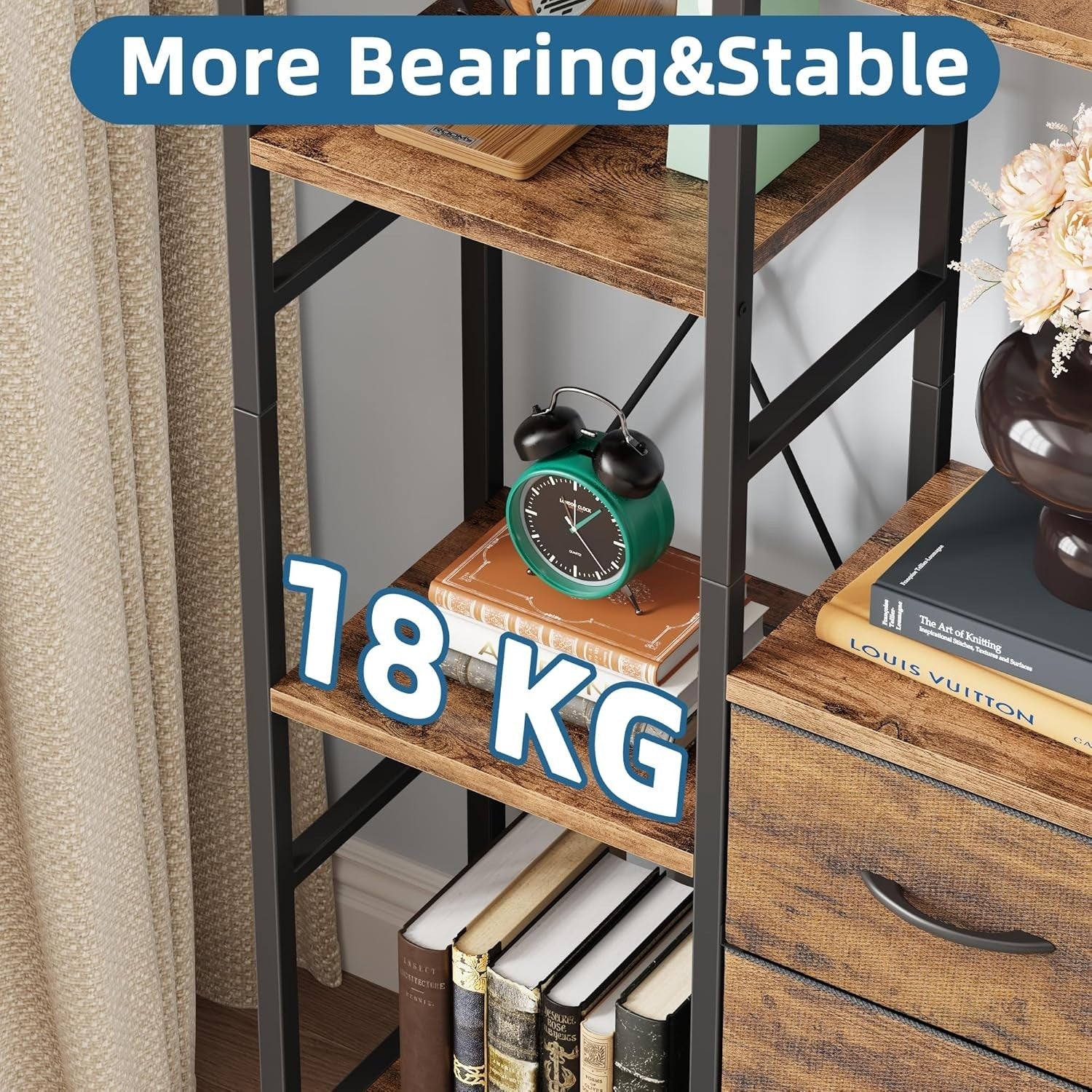 100cm Wide 4-Tier Tall Bookcase with 3 Fabric Drawers Industrial Storage Unit