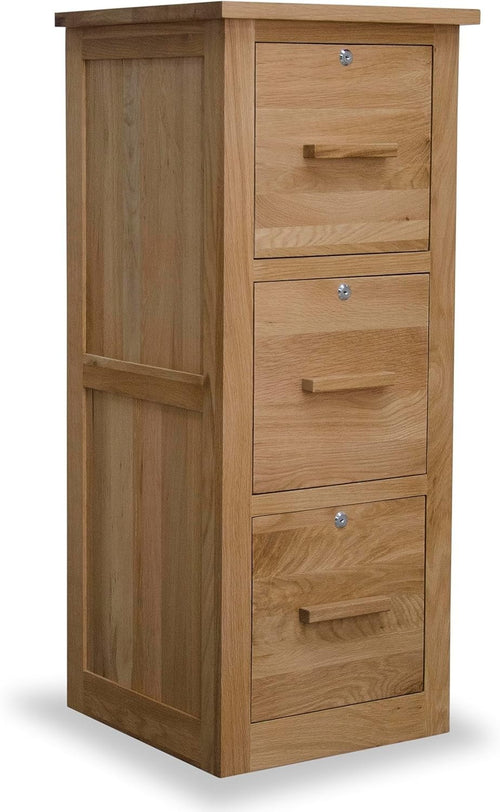 Solid Oak 3 Drawer Filing Cabinet Lockable A4 Tall Home Office