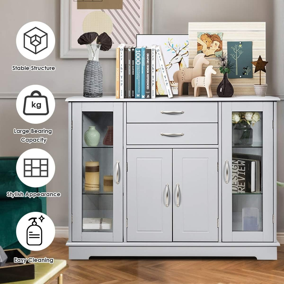Grey Sideboard Buffet Cabinet Glass Doors Storage Unit with Drawers