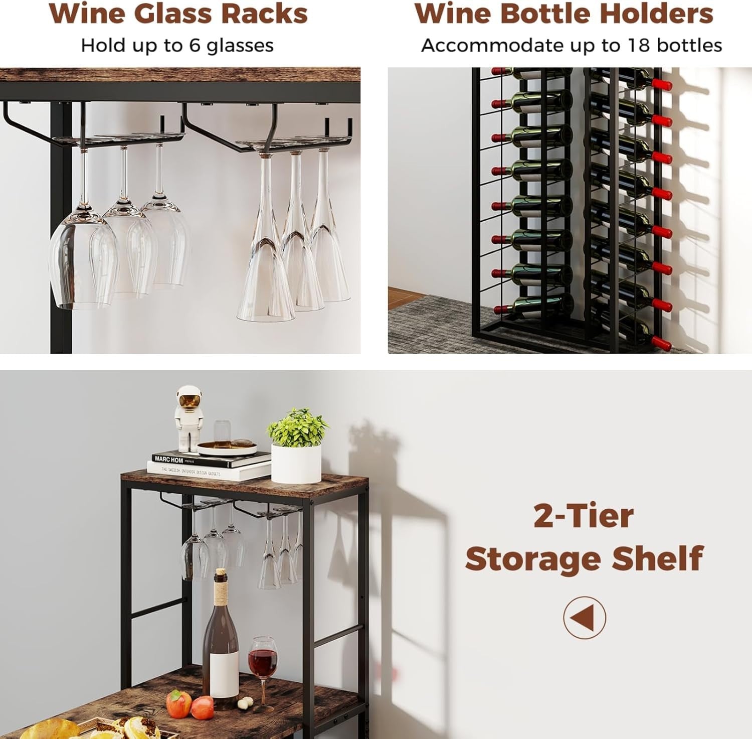 Foldable Bar Dining Table with Wine Rack, 2-Tier Storage, Rustic Brown Metal