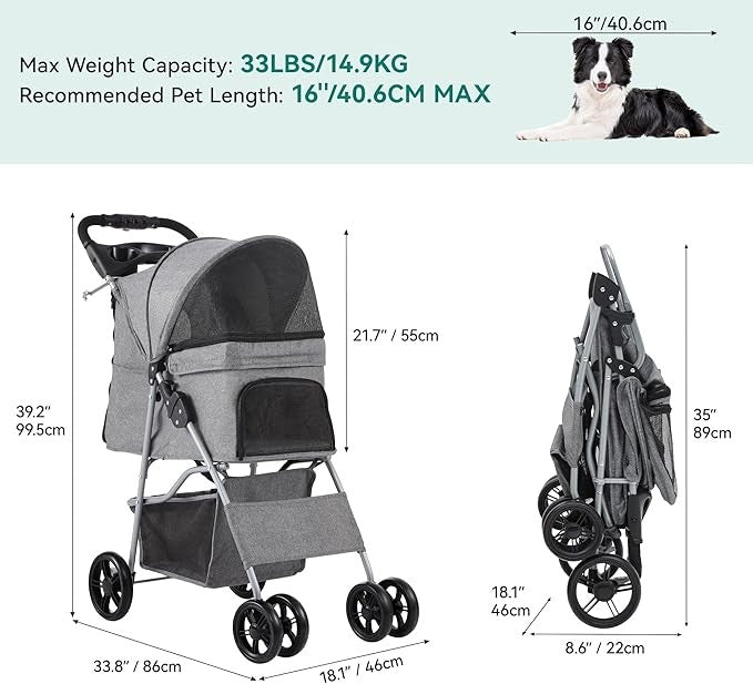 Dog Stroller 4 Wheel Folding Pet Buggy with Storage Basket Travel Pram