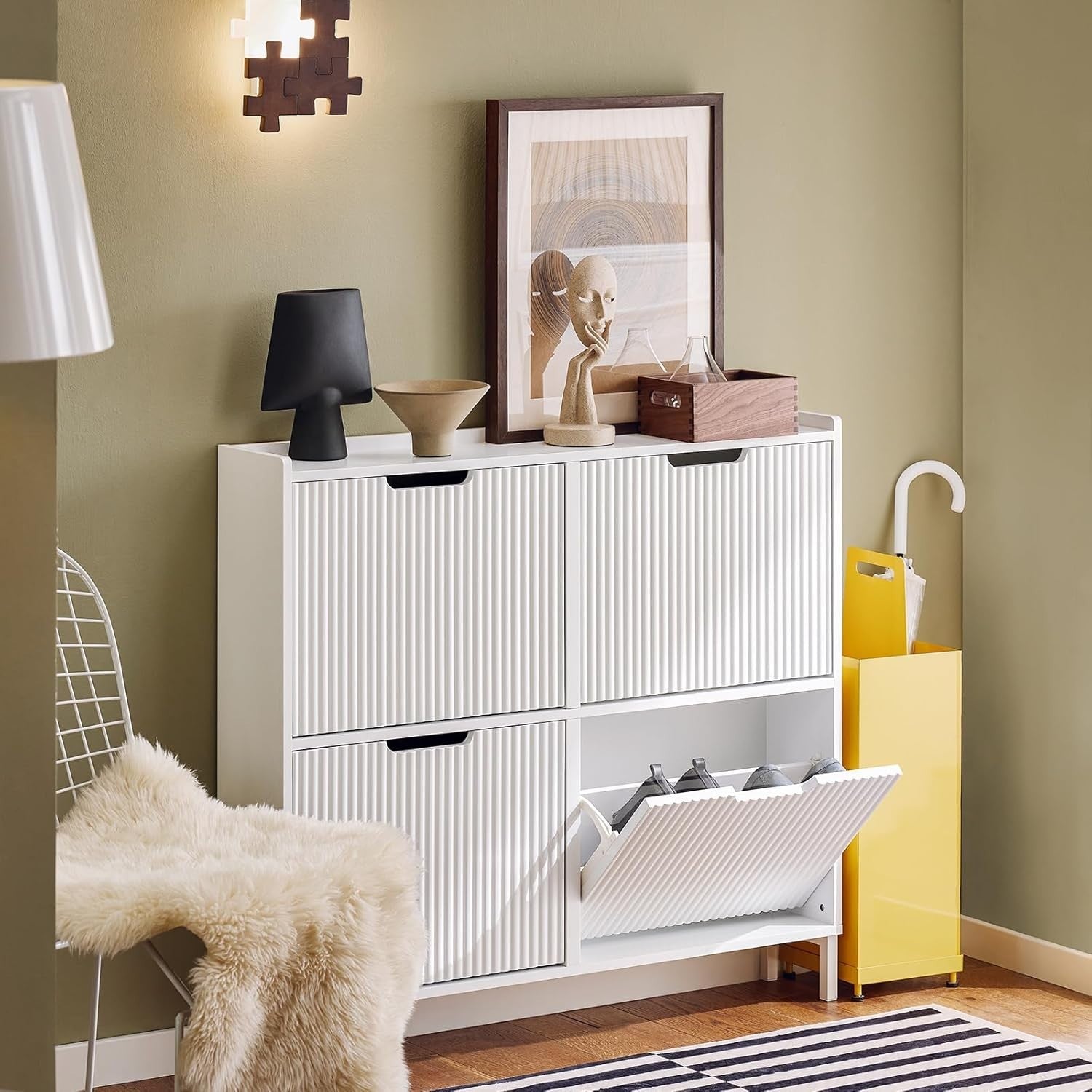 White Slim Shoe Cabinet 4 Flip Drawers – Wide Narrow Hallway Storage 100cm