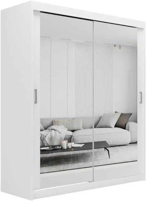 White Sliding Mirror Wardrobe 150cm with Drawers Modern Storage Unit
