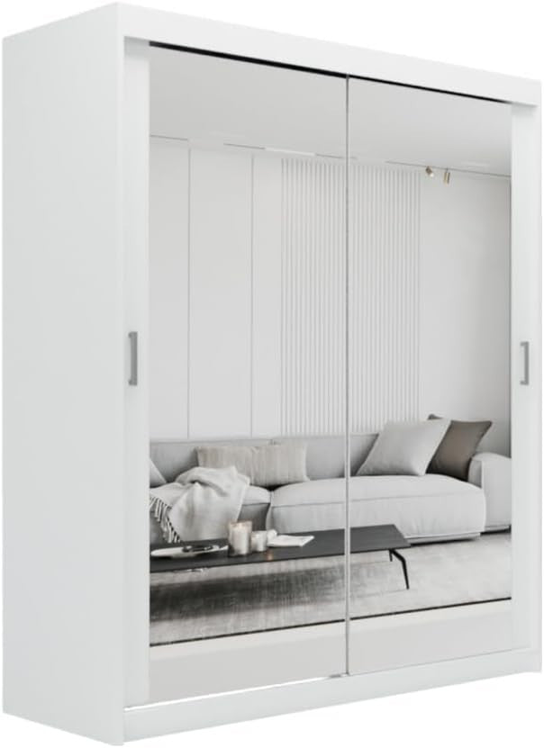 White Sliding Mirror Wardrobe 150cm with Drawers Modern Storage Unit
