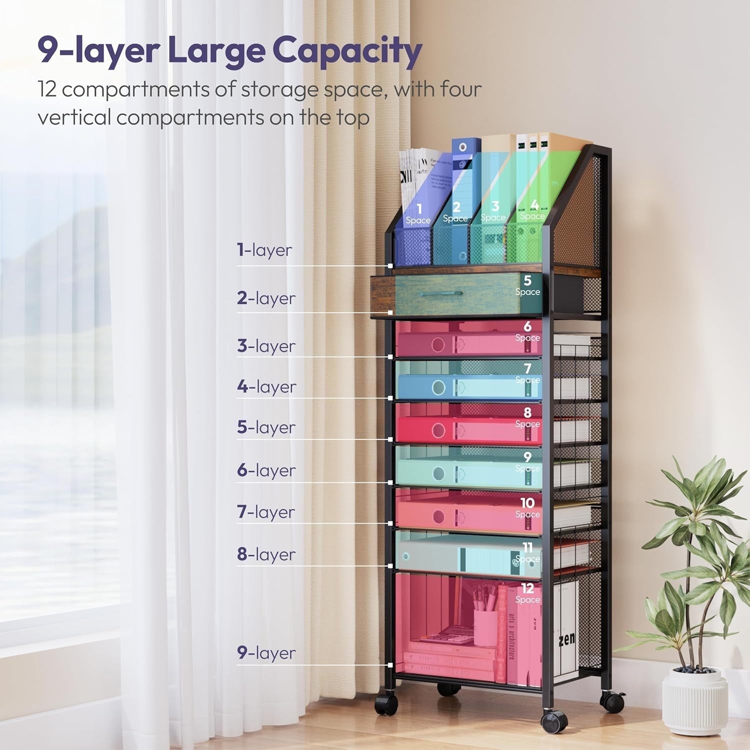 9-Tier Rolling File Cart with Drawer & Trays – Mobile Desk Organizer