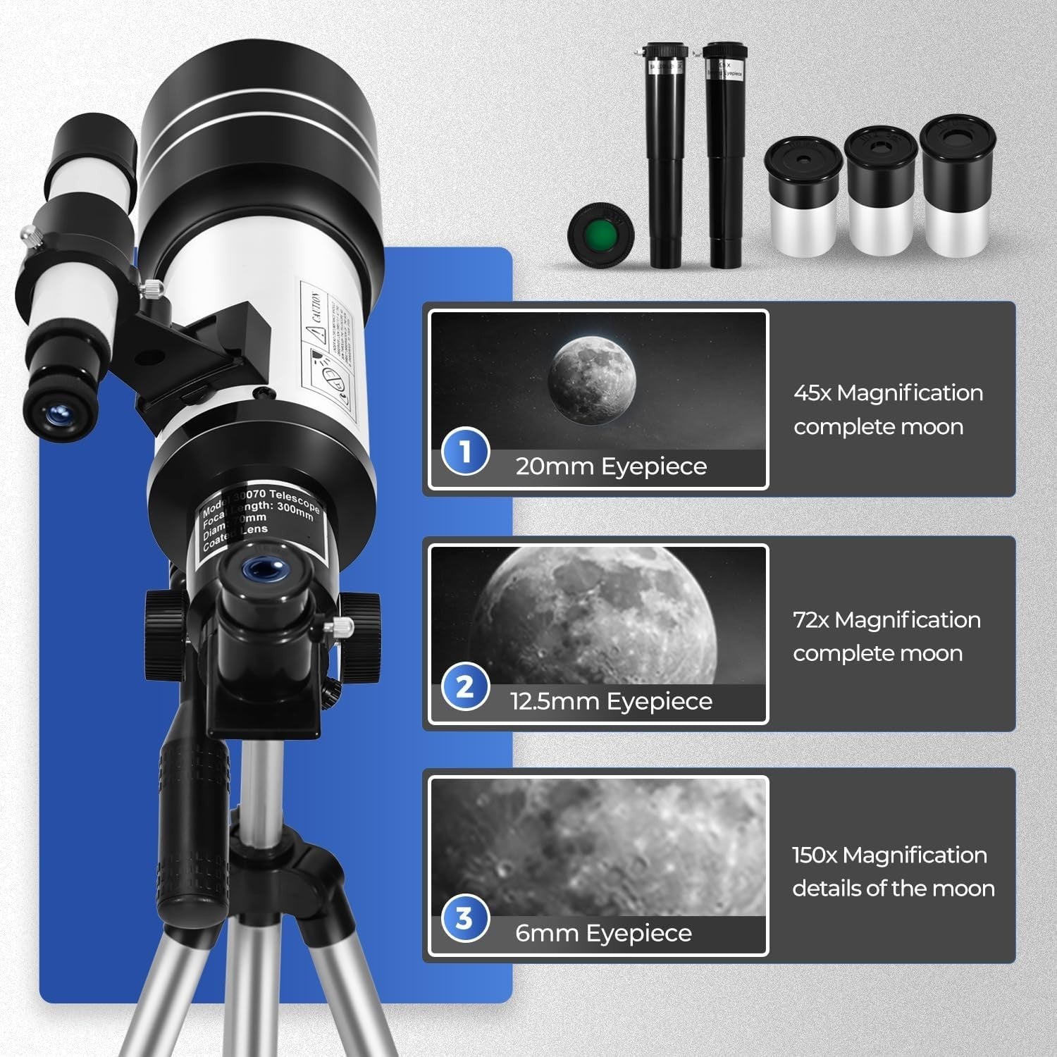 70mm Aperture Portable Telescope for Kids & Adults with Tripod - White